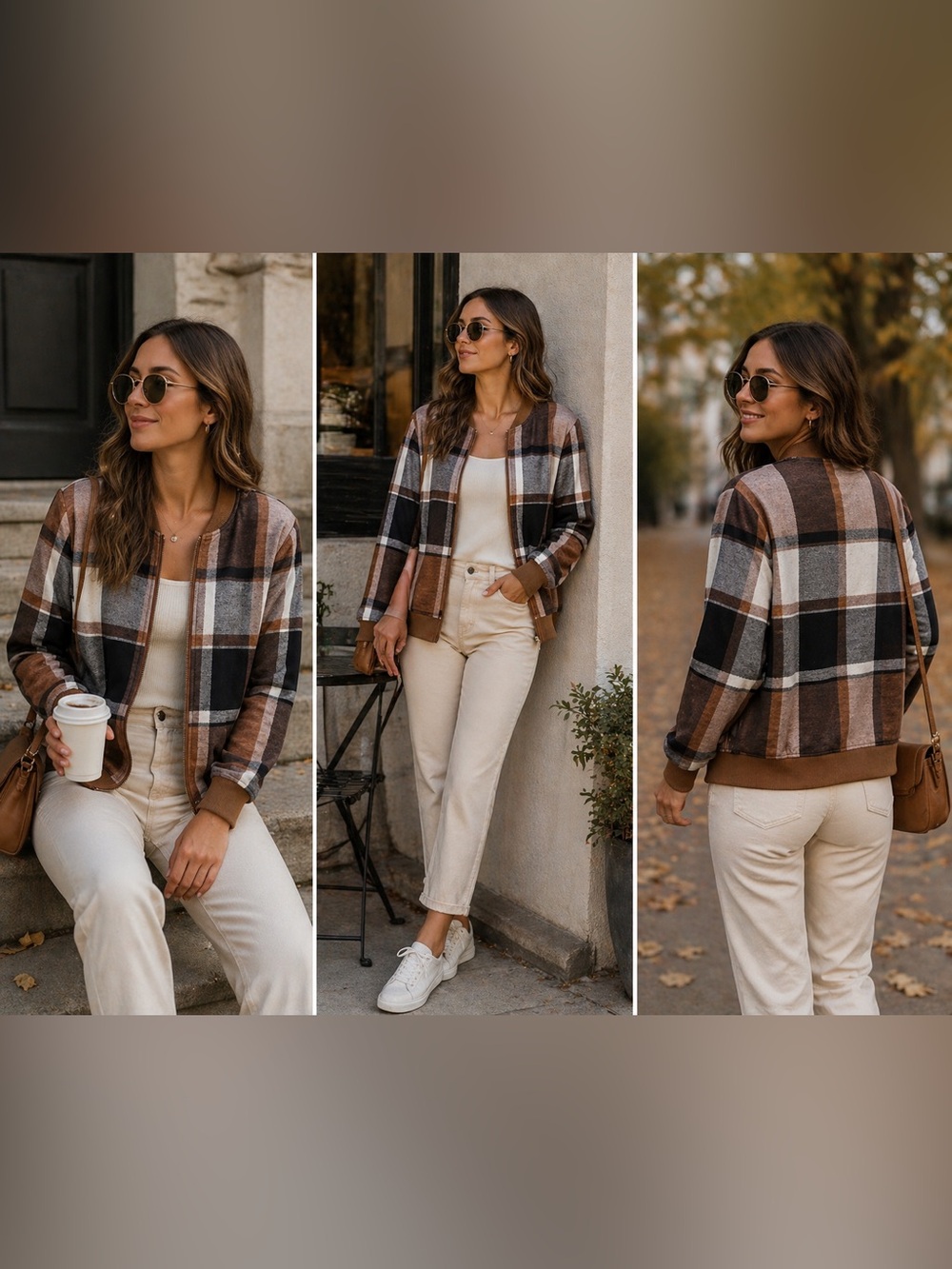 Othr Brown Black Gray Plaid Bomber Sweater